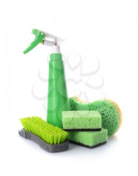 Cleaning supplies on white background�
