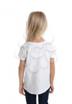 Little girl in t-shirt on white background, back view�