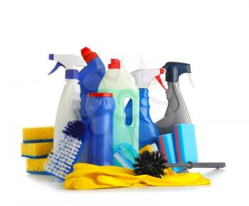 Cleaning supplies on white background�