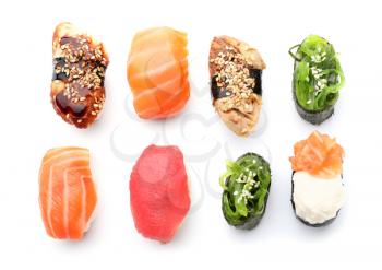 Tasty sushi on white background�