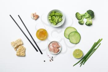 Ingredients for preparing Chinese soup on white background�