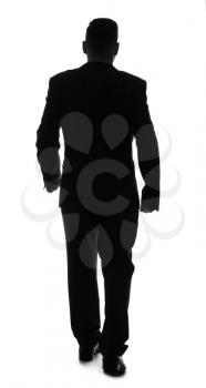 Silhouette of businessman on white background, back view�
