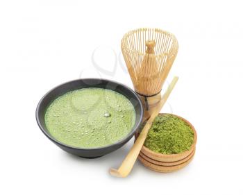 Composition with matcha tea on white background�