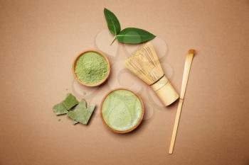 Composition with matcha tea on color background�