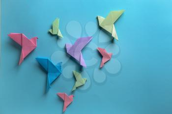 Origami birds on color background�
