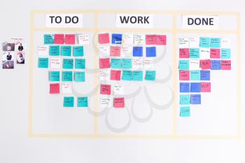 Scrum task board with stickers on wall in office�