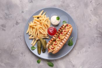 Plate with tasty hot dog, french fries and sauces on grey table�