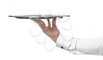 Hand of waiter with empty tray on white background�