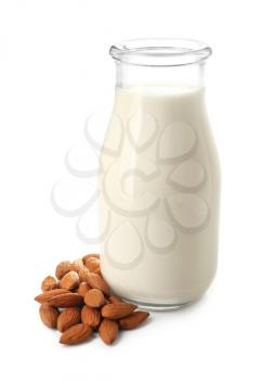 Bottle of almond milk on white background�