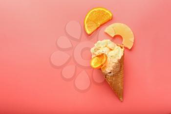 Tasty ice cream on color background�