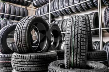 Car tires in automobile store�