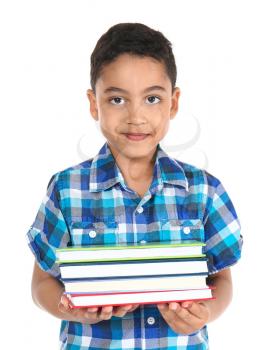 Portrait of cute little boy with books on white background�