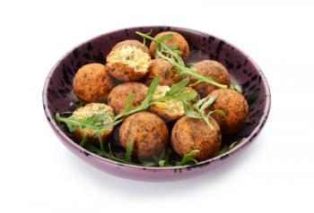 Plate with tasty falafel balls on white background�