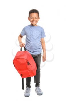 Cute African-American schoolboy on white background�