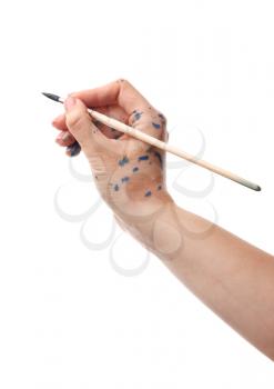 Painted female hand with brush on white background�