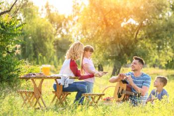 Happy family on summer picnic in park�