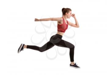 Running sporty woman on white background�
