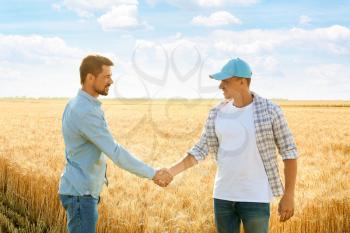 Male farmers shaking hands in wheat field�
