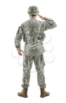 Saluting soldier on white background, back view�