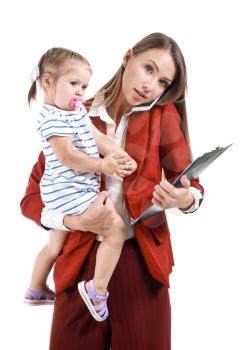 Working mother with little daughter on white background�