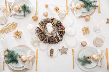 Beautiful table setting for Christmas dinner, top view�