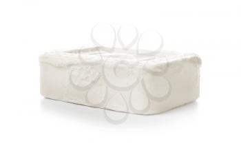 Soap bar with foam on white background�