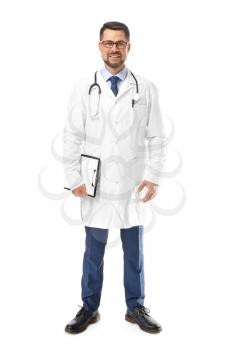 Portrait of male doctor on white background�