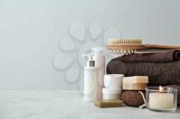 Accessories and cosmetics for personal hygiene on table�