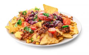 Plate with tasty chili con carne and nachos on white background�