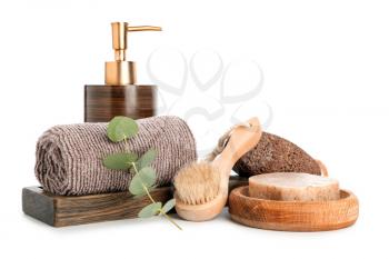 Set of accessories for bath and personal hygiene on white background�