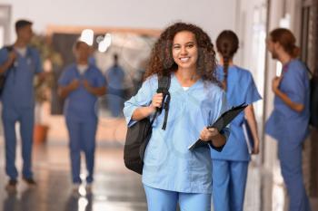 African-American student in corridor of medical university�