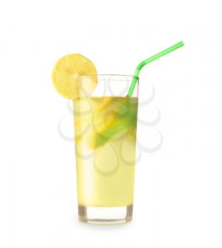 Glass of fresh lemonade on white background�