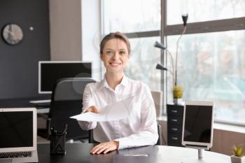 Young woman during job interview in office�