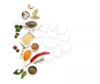 Many different spices on white background�