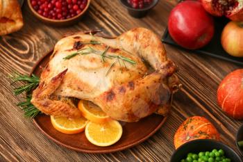 Tasty baked turkey for Thanksgiving day on wooden table�