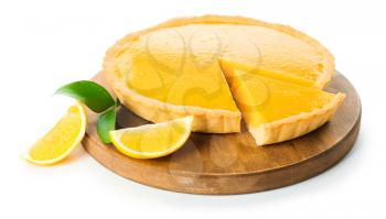 Board with tasty lemon pie on white background�