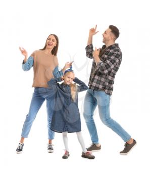 Happy dancing family on white background�