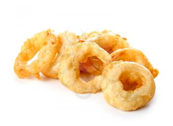 Crispy fried onion rings on white background�