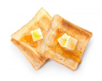 Tasty toasted bread with honey and butter on white background�