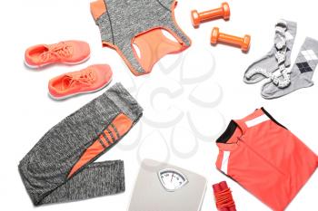 Sportswear and accessories on white background�