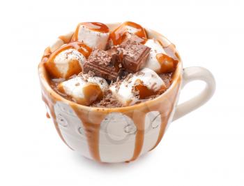 Cup of hot chocolate with marshmallows and caramel on white background�