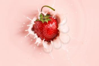 Falling of fresh strawberry into milk�