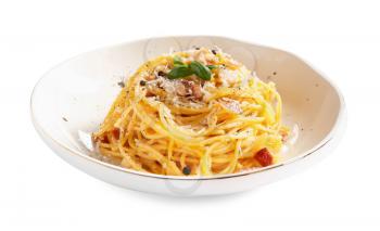 Plate with tasty pasta carbonara on white background�
