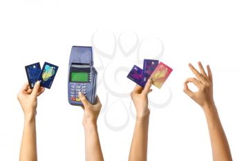 Female hands with credit card and payment terminal on white background�