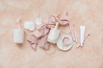 Set of bath accessories on light background�