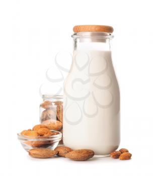 Bottle of almond milk isolated on white background�