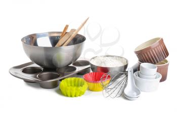 Set of kitchen utensils for bakery on white background�