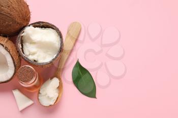 Composition with coconut oil on color background�