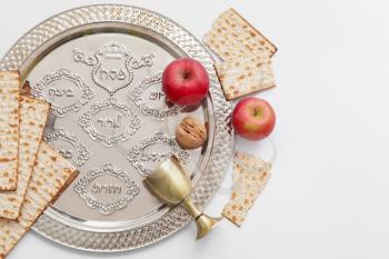 Composition with Passover Seder plate on white background�
