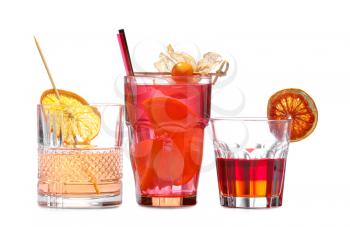 Glasses of fresh cocktails on white background�